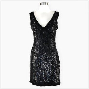 Bebe Black Sequin Stretch Ruffle Trim Bodycon Holiday Party Dress NWT NEW XS